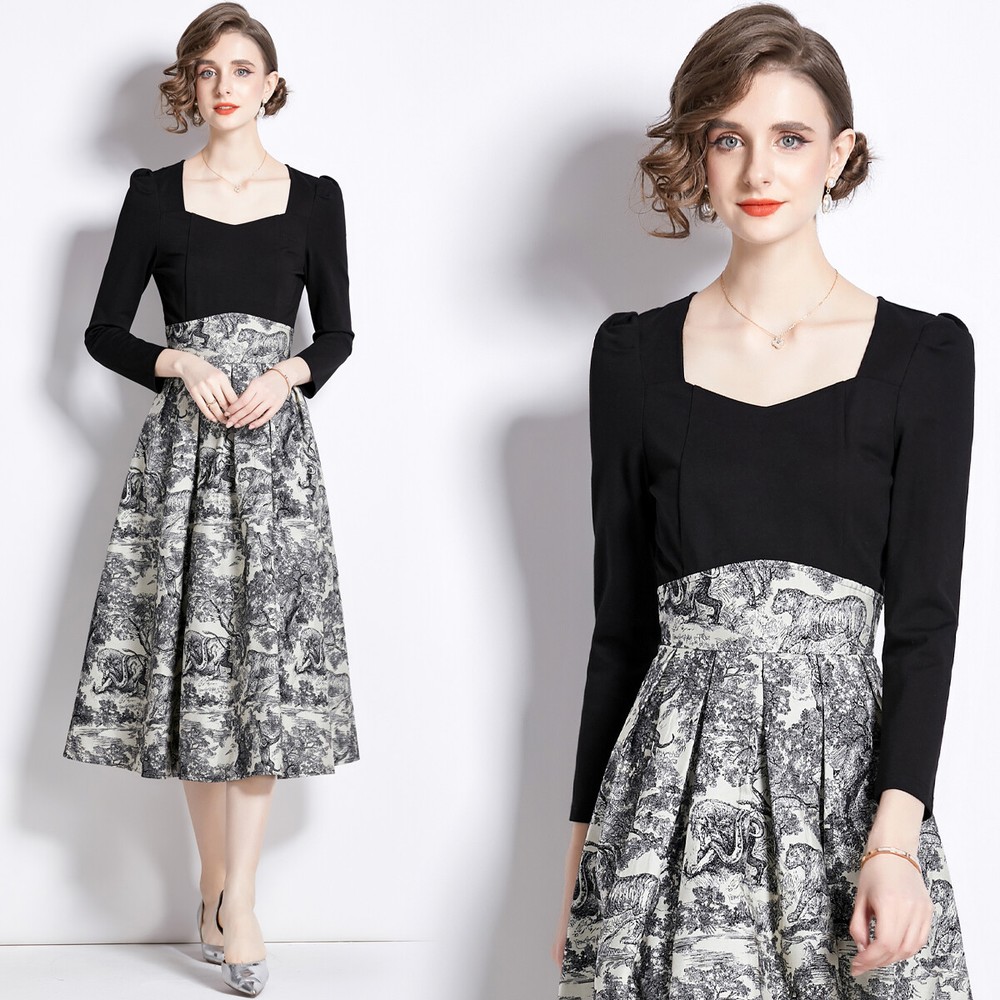 Jacquard Patchwork Sweetheart Neck Long Sleeve Women Casual Party Midi Dresses