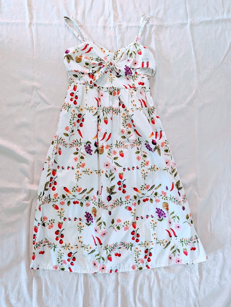 Old Navy Fit & Flare White Fruit Floral Midi Dress Tie Front Pockets Small NWOT