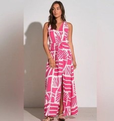 Elan Fuchsia Pink White Sleeveless Maxi Dress MEDIUM Sheer Spaghetti Straps NWT