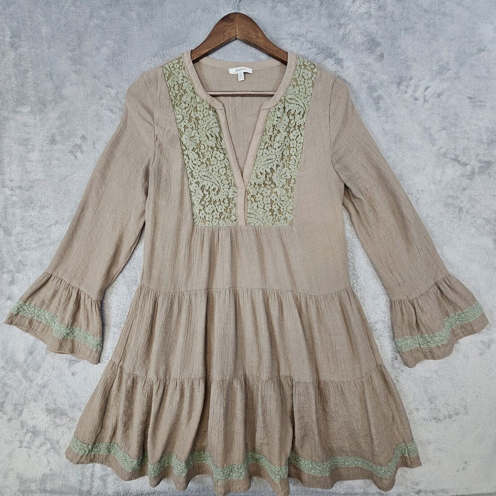 Jodifl Mini Dress Women&rsquo;s Small Tiered Bell Sleeve Lace Trim Casual Boho Peasant