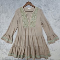 Jodifl Mini Dress Women&rsquo;s Small Tiered Bell Sleeve Lace Trim Casual Boho Peasant