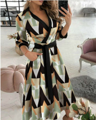 Womens Spring Summer Chic New Long-Sleeved V-Neck Print Bag Hip Fashion Dress