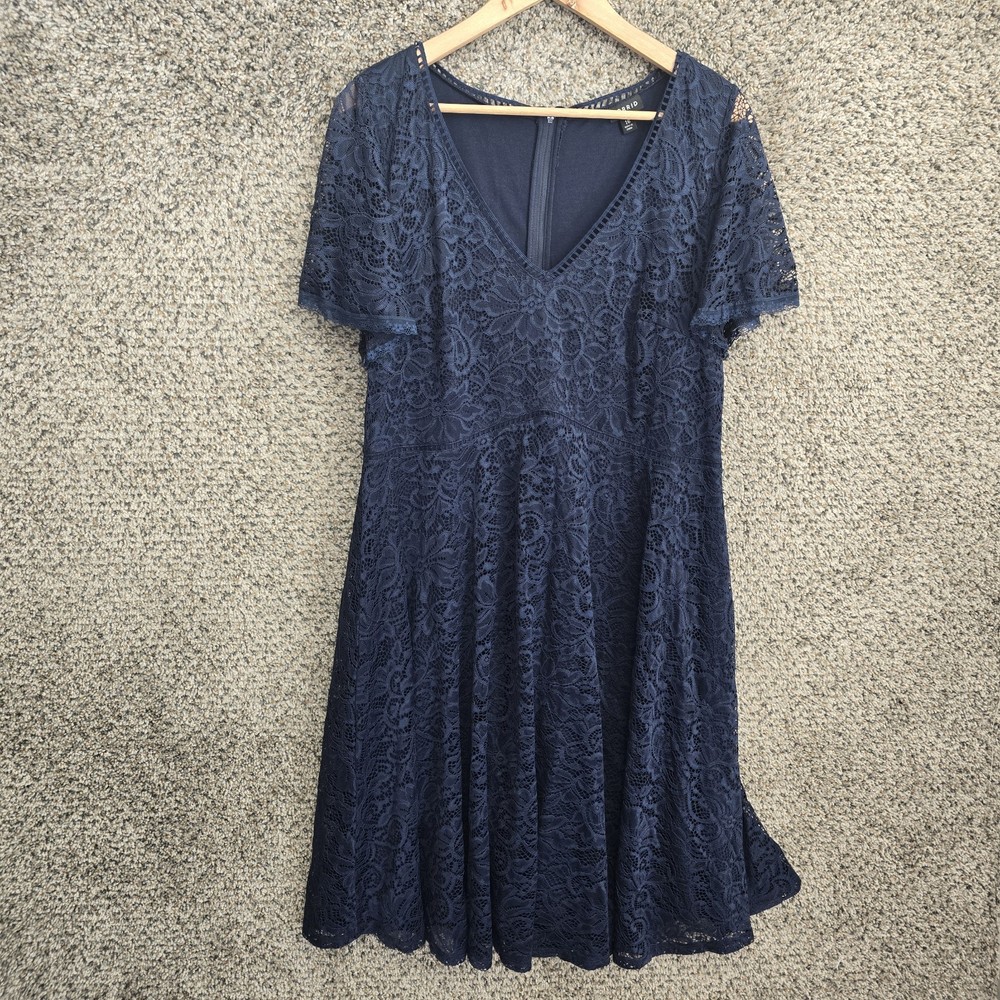Torrid Dress Womens Plus 16 Navy Blue Lace Mini V Neck Lined Short Sleeve Casual