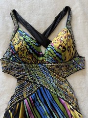 VTG Y2K Cache Sz 2 Silk Sequin Beaded Animal Print Mermaid Gown Prom Formal
