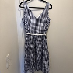 Nine West Blue Gingham Sleeveless Midi Dress Belted Fit & Flare Preppy Classic