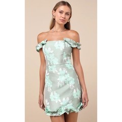 NWT Lulus Pop the Bottle Sage Green Floral Jacquard Ruffled Mini Dress Size XL