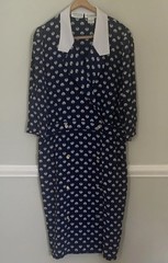 LIZ Vintage Navy/White Shell Print Collared Shirt Dress Midi Elastic Waist L/XL