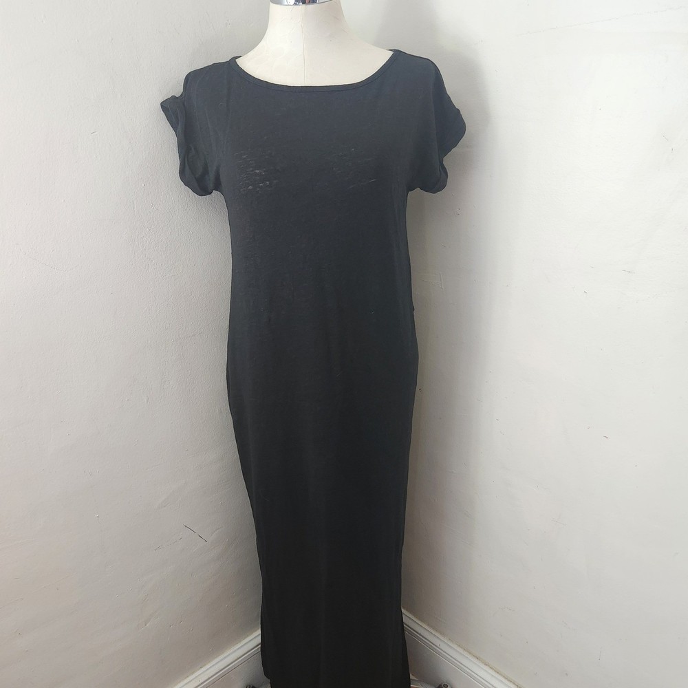 Lou & Grey Black 100% Linen Short Sleeve Maxi Dress Womens Small Scoop Neck