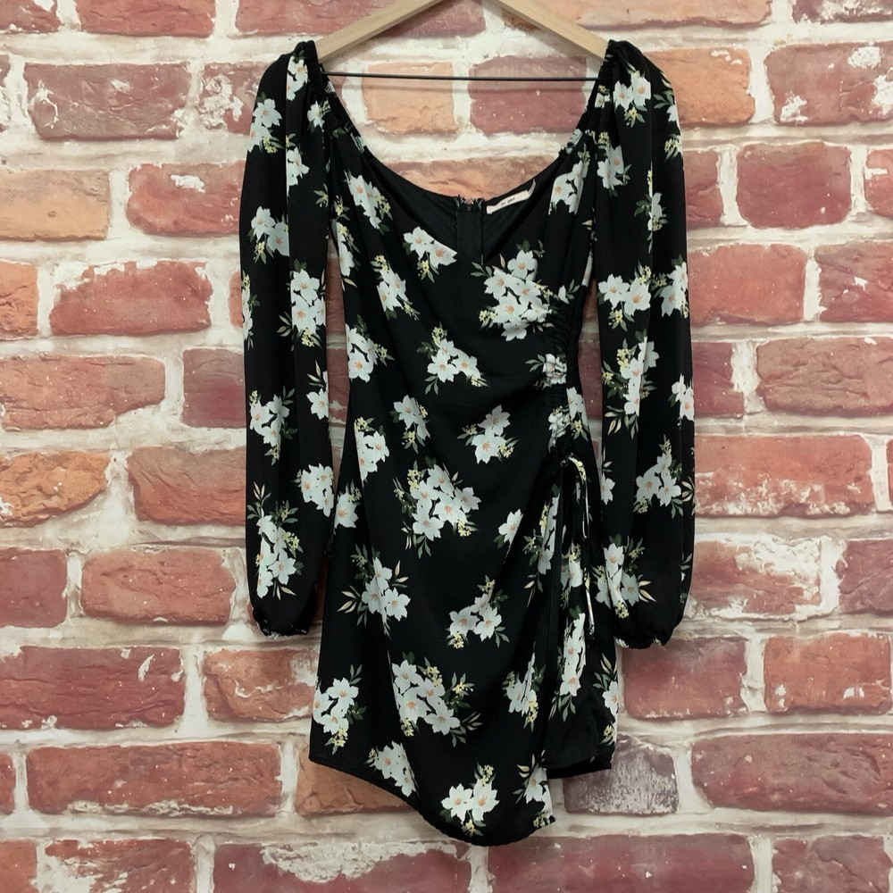 Francescas Mi Ami Dress Womens XXS Black Multicolor Floral Side Tie Zip Up