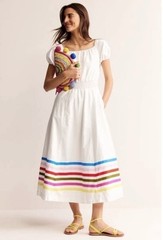Boden Amber White Cotton Midi Dress, Rainbow Stripe, Smocked Waist, US Size 14R