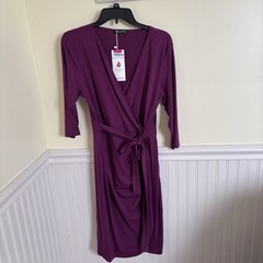 Berydress Women Knit Dress Large 3/4 Sleeve Faux Wrap Pink Berry Classic