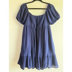Lulus Florentine Fantasy Navy Blue Puff Sleeve Babydoll Mini Dress Womens Large