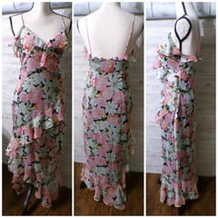 Y2k Zara Maxi Babydoll Dress M Black Pink Floral Ruffle Hi Low Fairy Whimsigoth