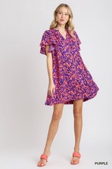 Umgee Purple Two Tone Ruffle Split Neck A-Line Short Dress with Ruffle Sleeves