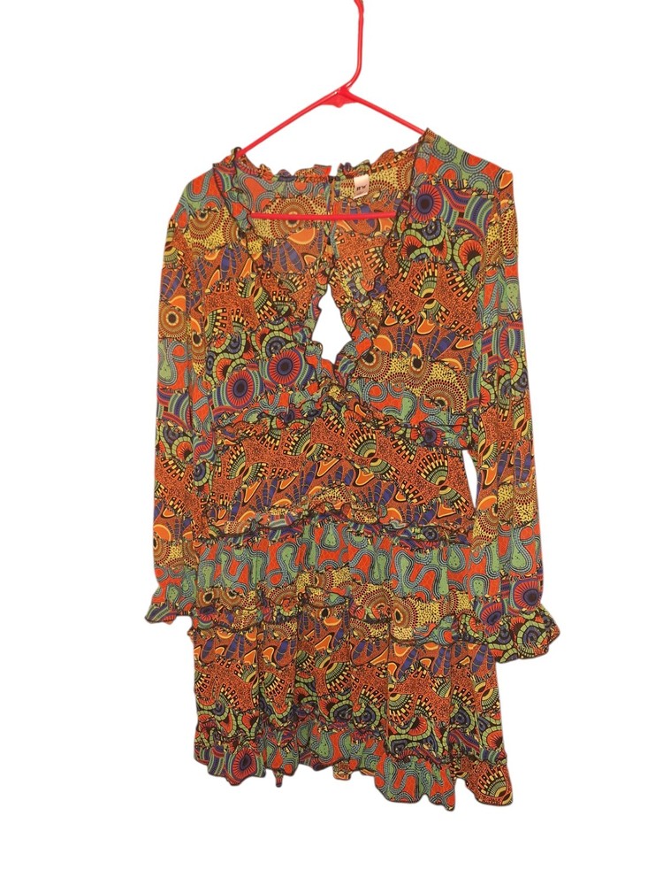 it&rsquo;s Multicolored Tiered Short Dress Long Sleeves Ladies Large Exotic Backless