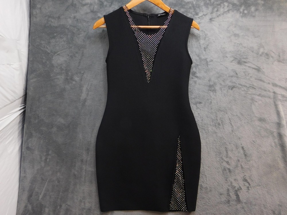 Bella Barnett Dress Womens L Black Bodycon Knee Length V-Neck Rhinestone