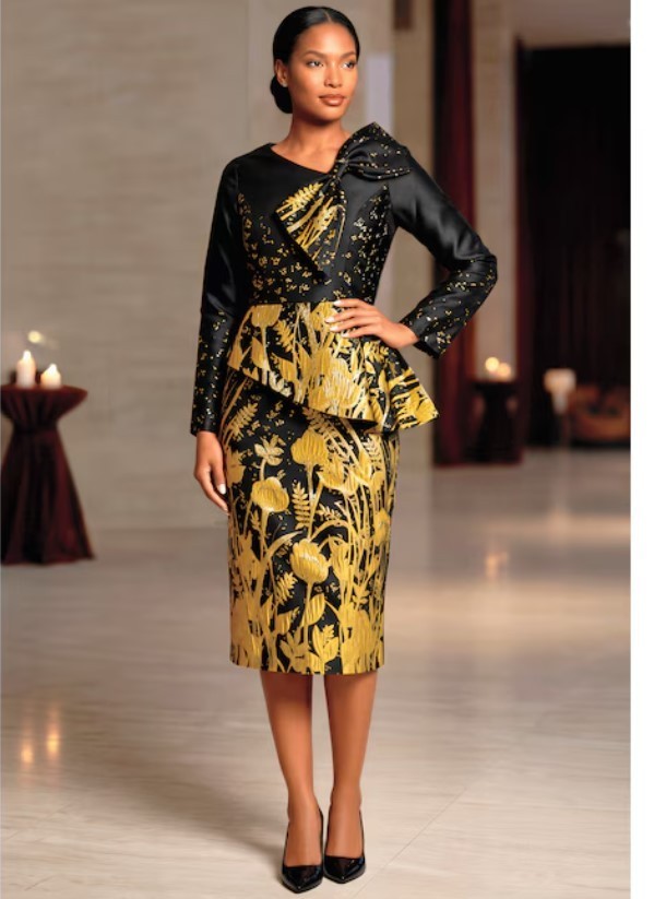 16W PLUS Ashro Black Gold Formal Wedding Church Party Donisha Bow Sheath Dress