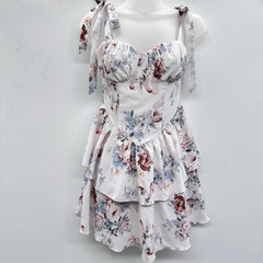 Cider Romantic Floral Corset Tiered Dress Sz XXS Blue Coquette Babydoll Milkmaid