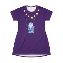 Snowy Owl T-Shirt Dress | Purple Stars Neckline Owl Wildlife Bird Graphic Dress