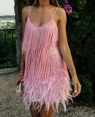 Women Fringe Sequin Feather Stitching Dress Slim V-Neck Dresses Female Slip Robe