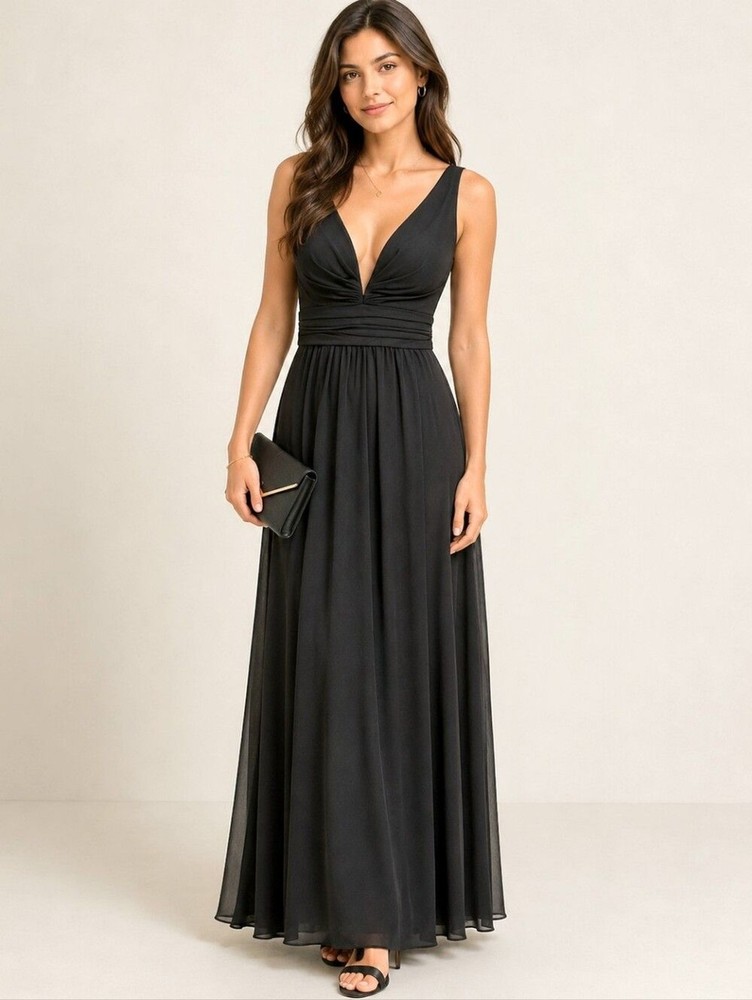 Lulus Black Deep Plunging V-Neck Sleeveless Maxi Dress Wedding Prom Size S