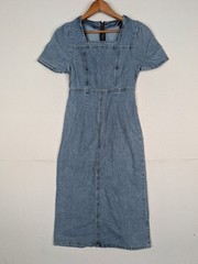Dazy Womens Light Wash Denim Midi Dress Shirt Sleeve Square Neckline Size Small