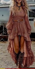 Printed Polka Dot Hi-Low Dress Brown White Ruffle Belt V-Neck Balloon Sleeve