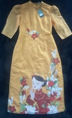 Women&rsquo;s Chinese Style Silky Stand Collar Dress Cheongsam Size XL-Gold