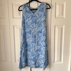 Batik Bali Women Blue White Fern Leaf Print Rayon Sleeveless V-Neck Shift Dress