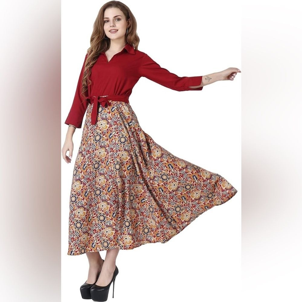 Patterned Dress Reddish Top Pattern Skirt 3/4 Sleeves NO BELT Size Small Floral