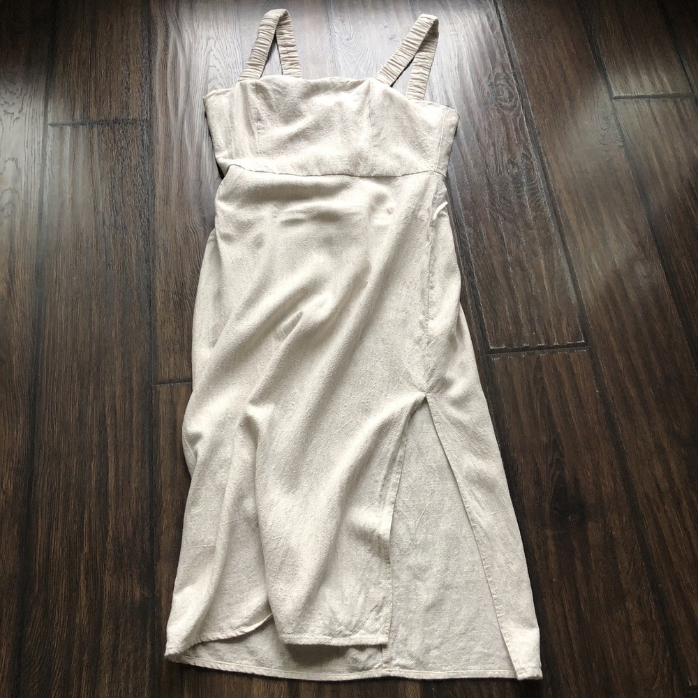 Forever21 Sun Dress Linen Look Italian Summer Side Slit Midi Length Size Medium