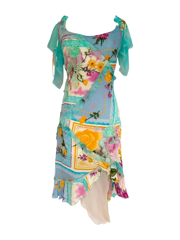 Spanish Designer Multicoloured Patchwork Floral Appliqué Dress M