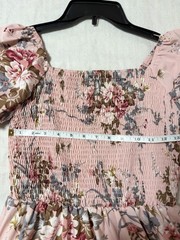 Pink Floral Smocked Square Neck Short Puff Sleeve A-Line Midi Dress S/M
