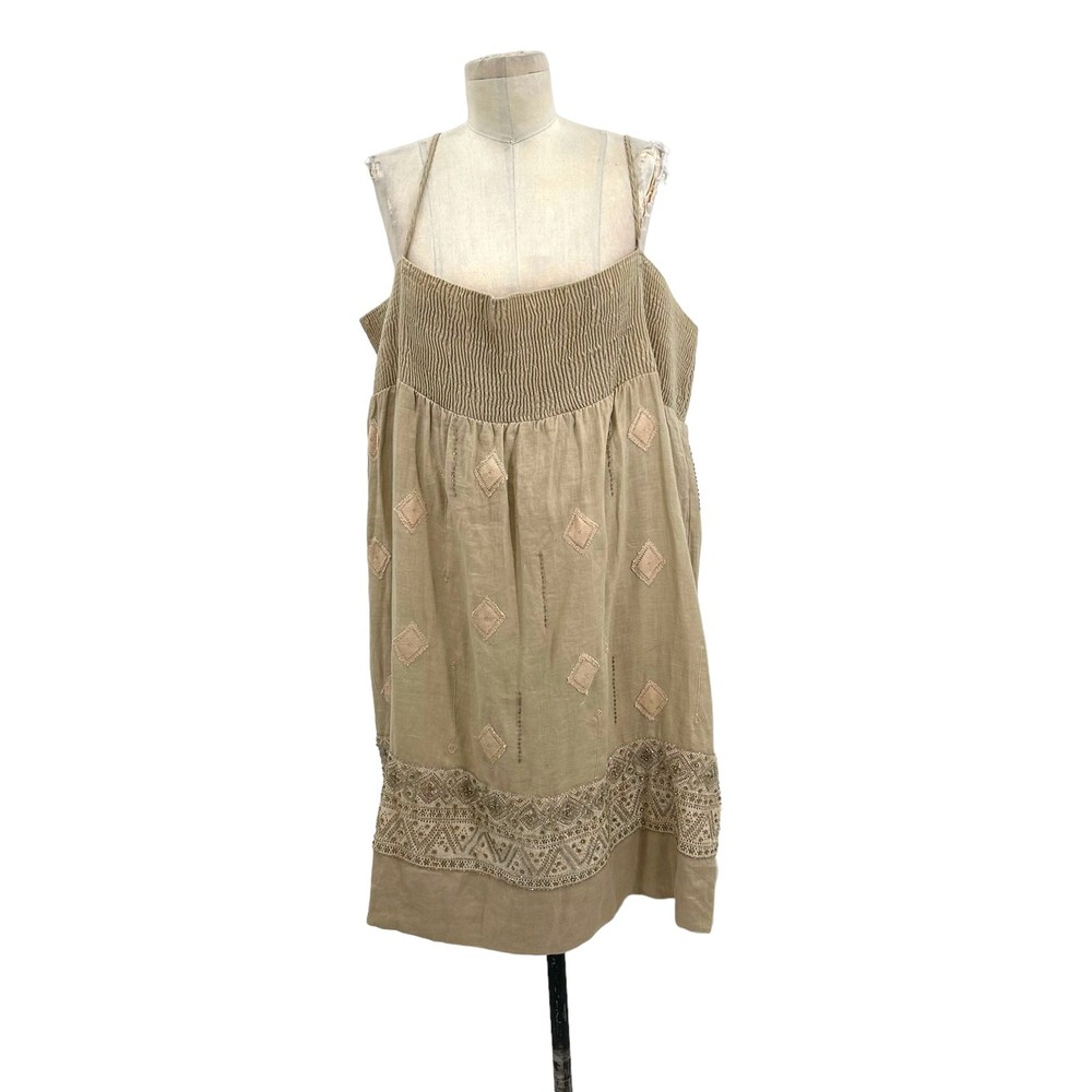 Twin-Set Simona Barbieri Linen Smocked Beaded Accent Dress Tan Size Medium