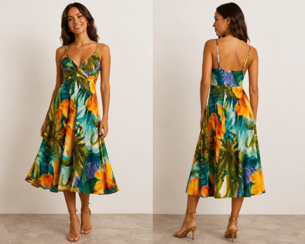 Jams World Sunburst Tropical Floral Strappy Midi Dress Women&rsquo;s M Hawaiian Resort