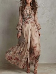 Retro Chiffon Printed Crew-Neck Long-Sleeve Pleated Waist Floral Dress