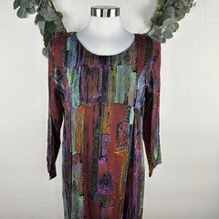 90s Passports Pier One Sheath Dress M Abstract Print Rayon Midi Modest Pleats