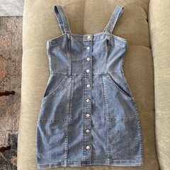 Divided H&M Blue Denim Overall Dress Button Front Pockets Stretch Square Neck 8