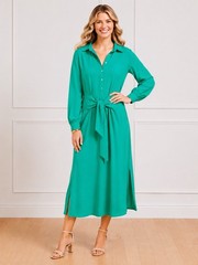 NWT LOFT Green Modest Maxi Collared Shirt Dress Tie Waist Long Sleeve Size 14