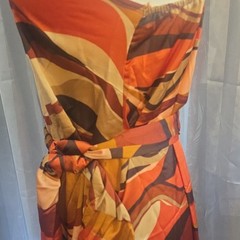 Womens Orange Brown Abstract Print Strappy V-Neck Adjustable Tie Waist Dress M