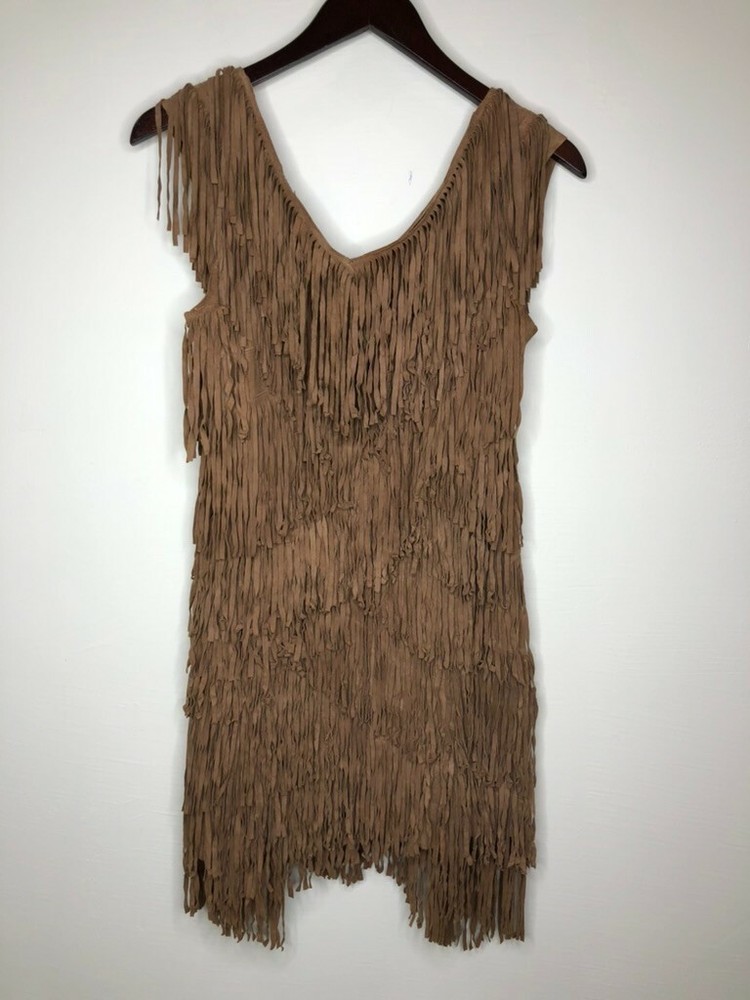 AllSaints Spitalfields Goat Suede Leather Brown Fringe Sleeveless Dress Size 00