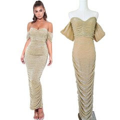 MISS CIRCLE Gene Gold Ruched Off Shoulder Maxi Dress Large 8-10 Bodycon Formal