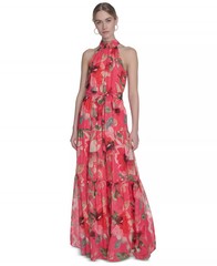 Eliza J Chiffon Gown 6 Pink Floral Halter Belted Pleated Ruffled NWT $198