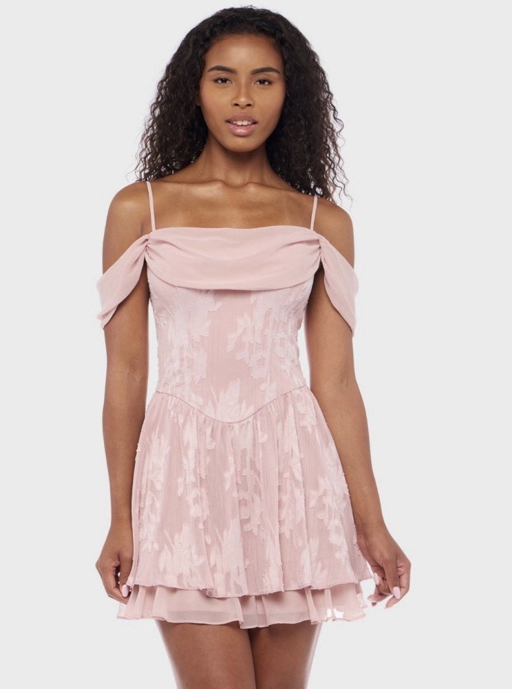 B Darlin Juniors&rsquo; Cold-Shoulder Jacquard Fit & Flare Dress – Dark Mauve