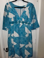 Trina Turk Aqua Blue Geometric Breezeway Tile Print Empire Waist Cotton Dress