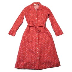 Lanz Floral Shirt Dress M Red Long Sleeve Pockets Belted Vintage Cottage Country