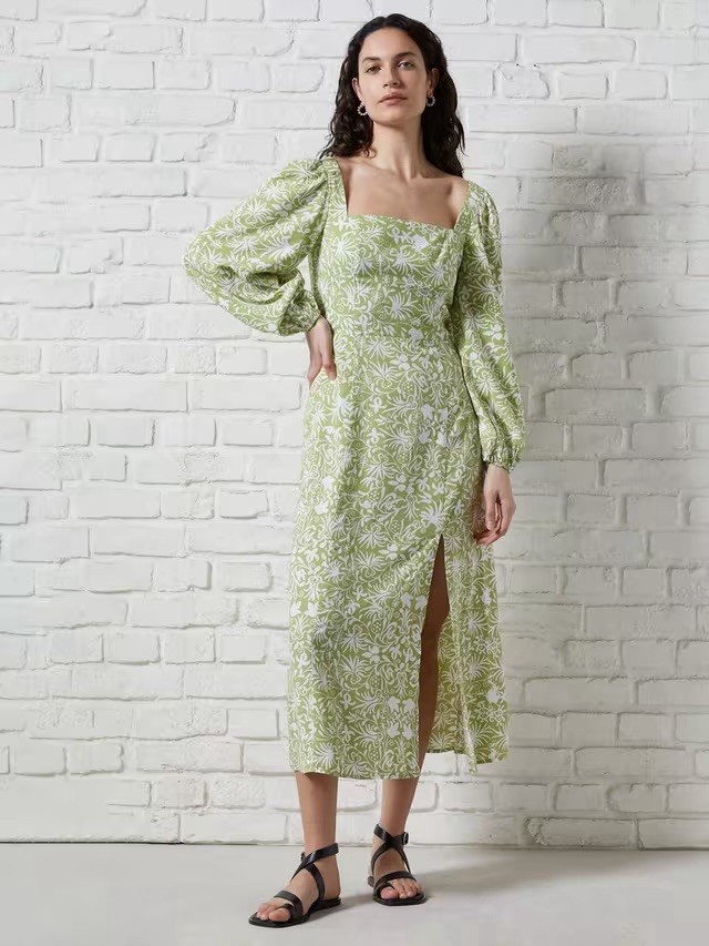 Beautiful Summer Floral Square Neck Midi Dress with slit , Kiwi Milk Size UK 12