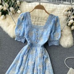 Ladies Tea Dress Lace Embroidery Square Neck A-line Midi Summer Party Holiday