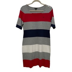 Nautica Striped Cotton Dress Womens M Classic Preppy Casual Shirt Dress