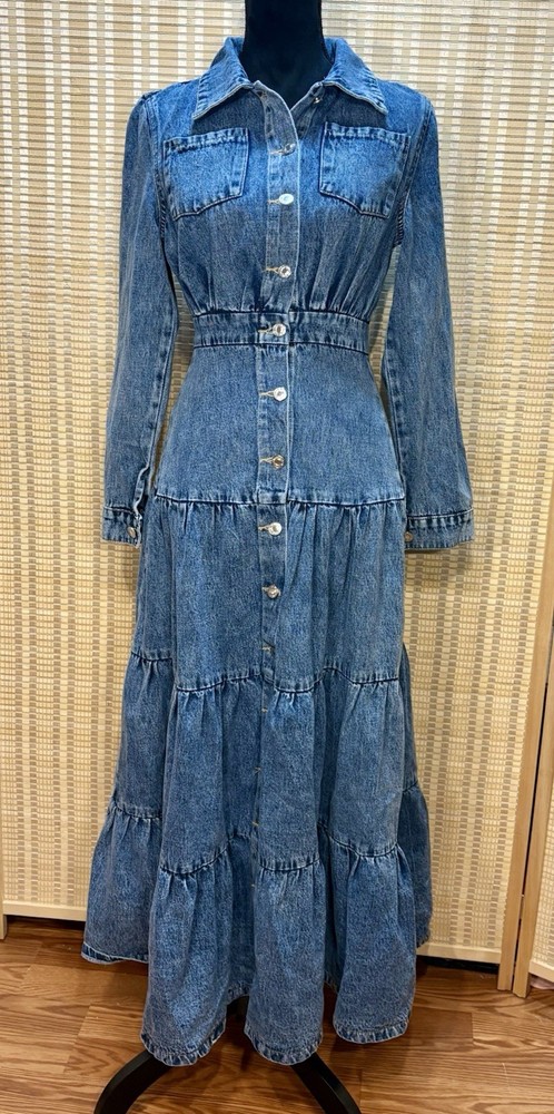 Womens SM Denim Tiered Button-Down Prairie Country Dress Blue Rodeo Queen